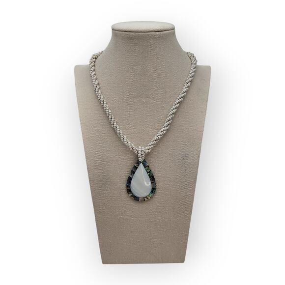 Boho Abalone Mosaic Teardrop Pendant Necklace – White Beaded Rope - Picture 1 of 10